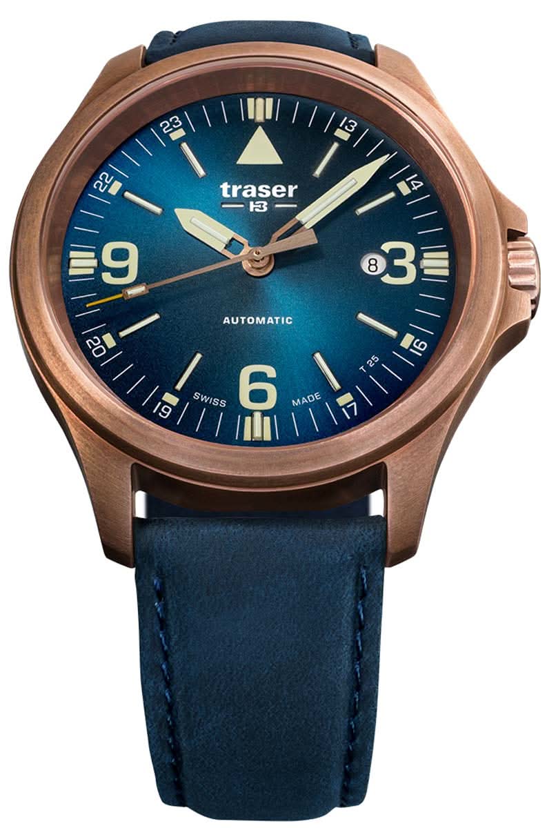 Bronsfärgad herrklocka med blå urtavla, läderarmband och automatisk visning