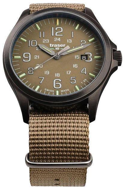 Armbandsur med brunt tygarmband och brun urtavla med självlysande markörer