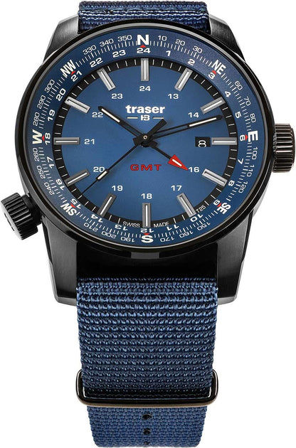 Armbandsur med blå urtavla, mörkt boett och blått textilarmband, krona till höger