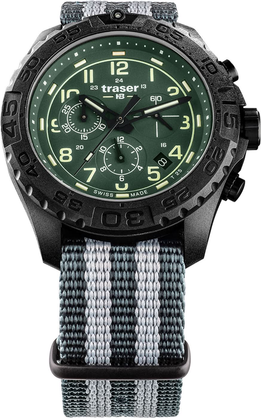 Kronograf för herrar med grönlysande urtavla, boett i svart och grått textilarmband