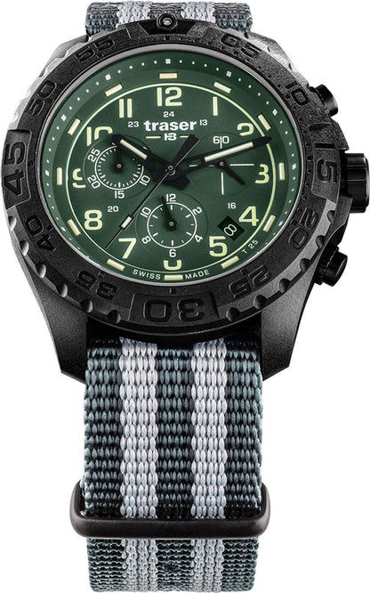 Kronograf för herrar med grönlysande urtavla, boett i svart och grått textilarmband