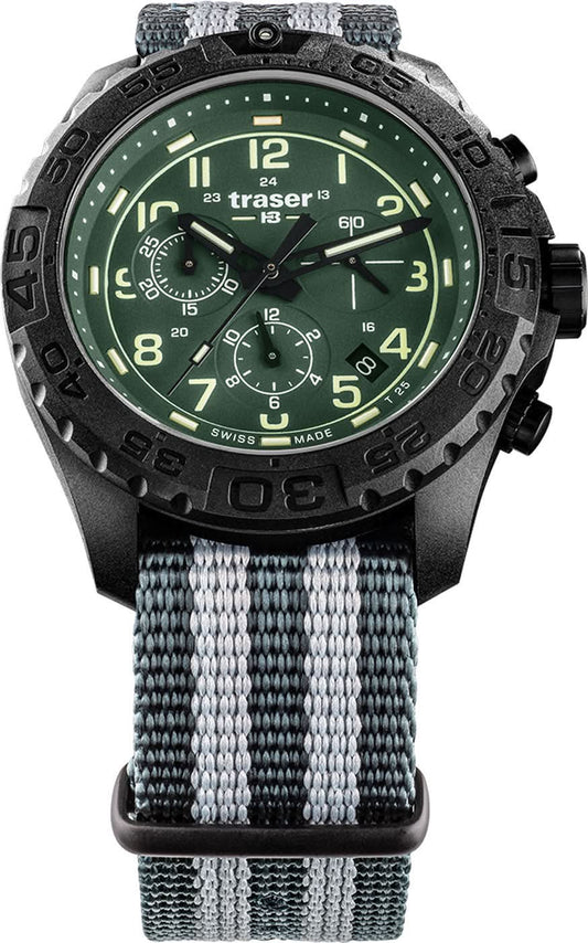 Kronograf för herrar med grönlysande urtavla, boett i svart och grått textilarmband
