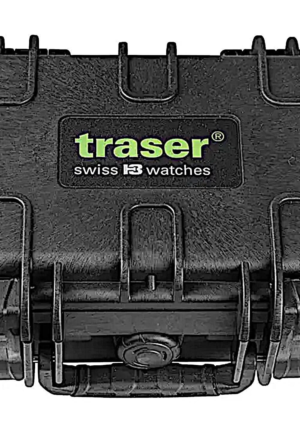 Klockfodral med "traser"-logotyp och trycket "swiss 13 watches"