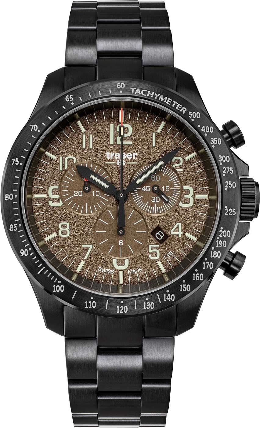 Herrklocka med svart metallarmband, brun urtavla och stoppur-suburtavlor