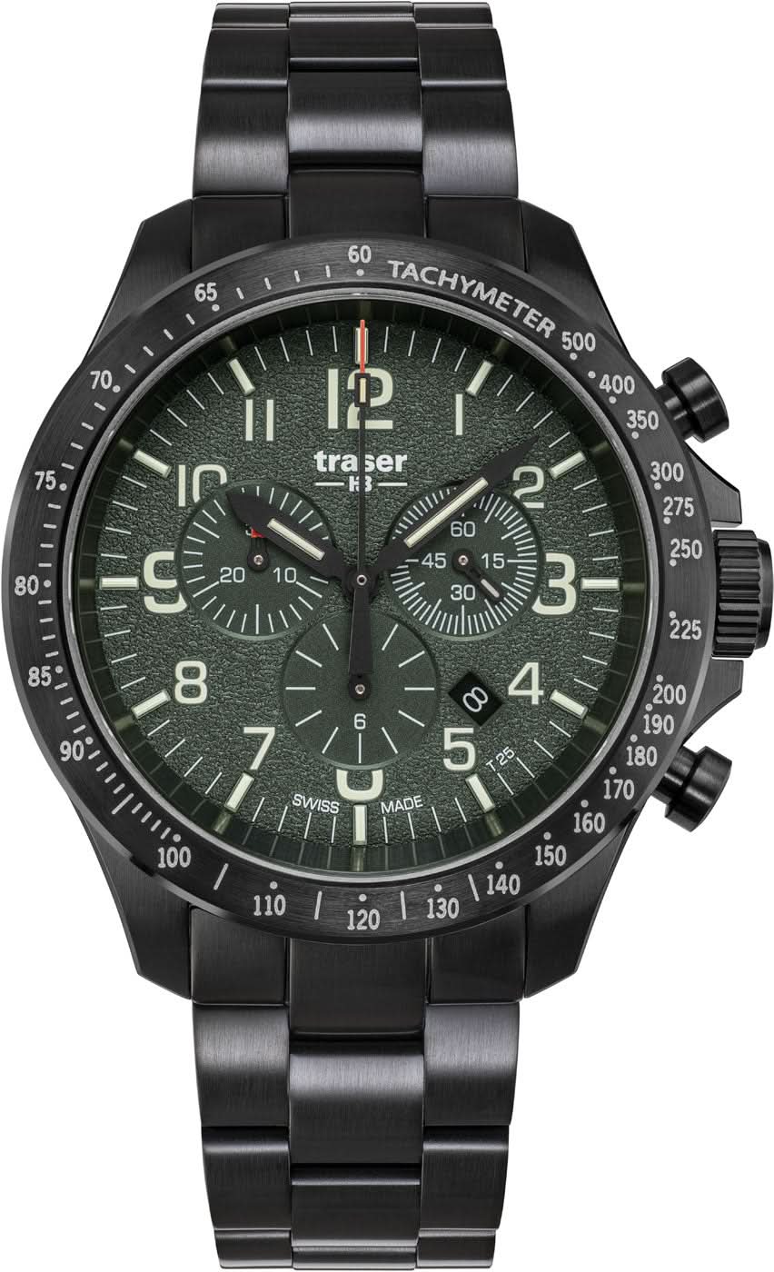 Chronograf för herrar med grönaktig urtavla, kronografknappar och metallarmband