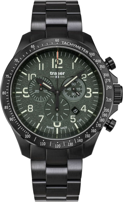 Chronograf för herrar med grönaktig urtavla, kronografknappar och metallarmband