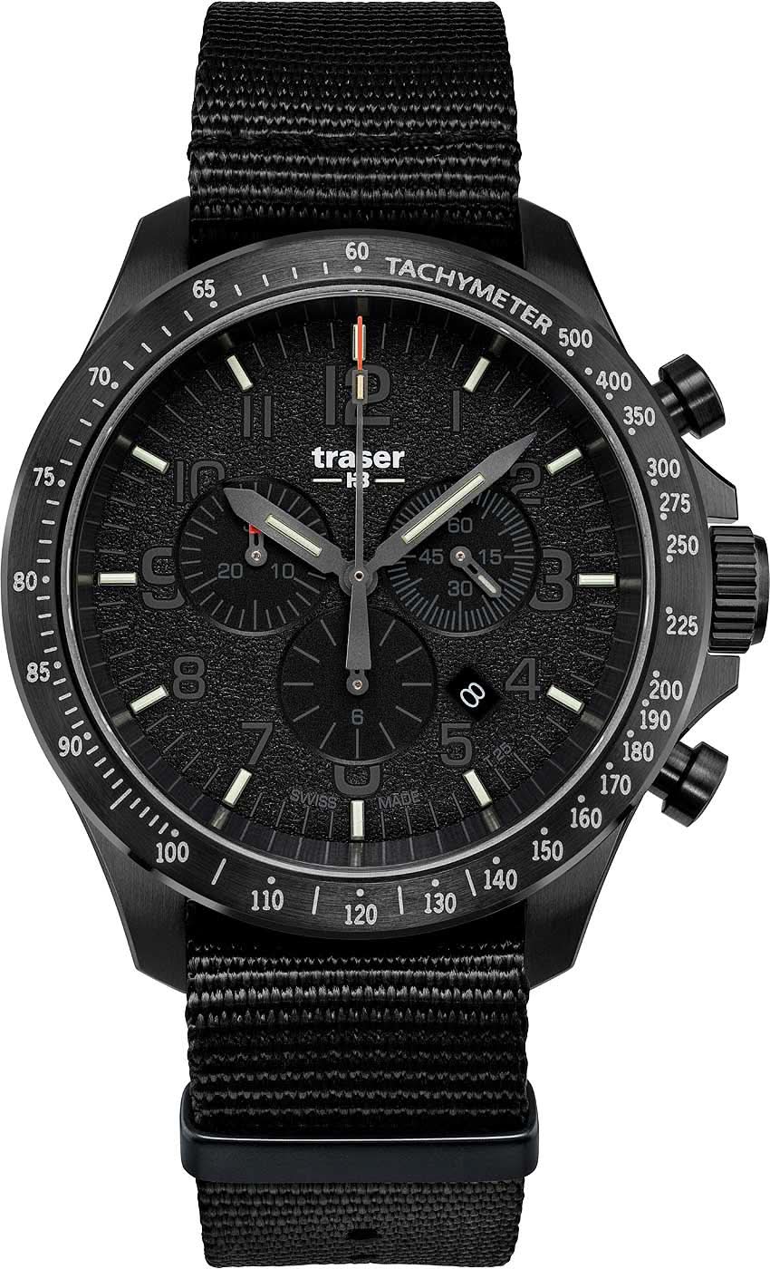 Herrarmbandsur: svart textilband, svart urtavla, tachymeter-ring