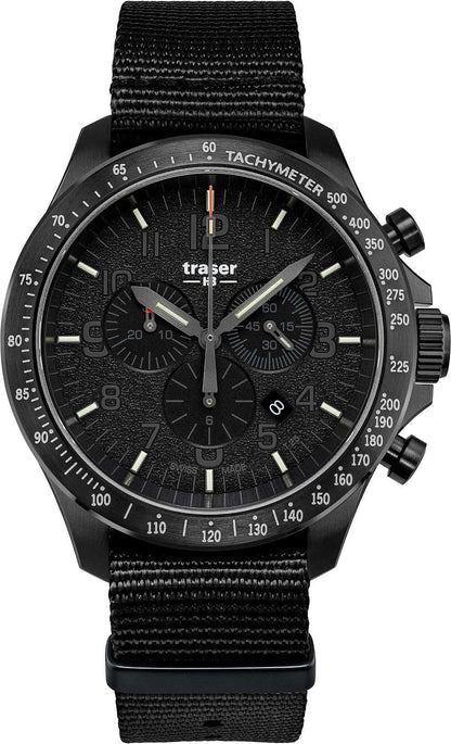 Herrarmbandsur: svart textilband, svart urtavla, tachymeter-ring