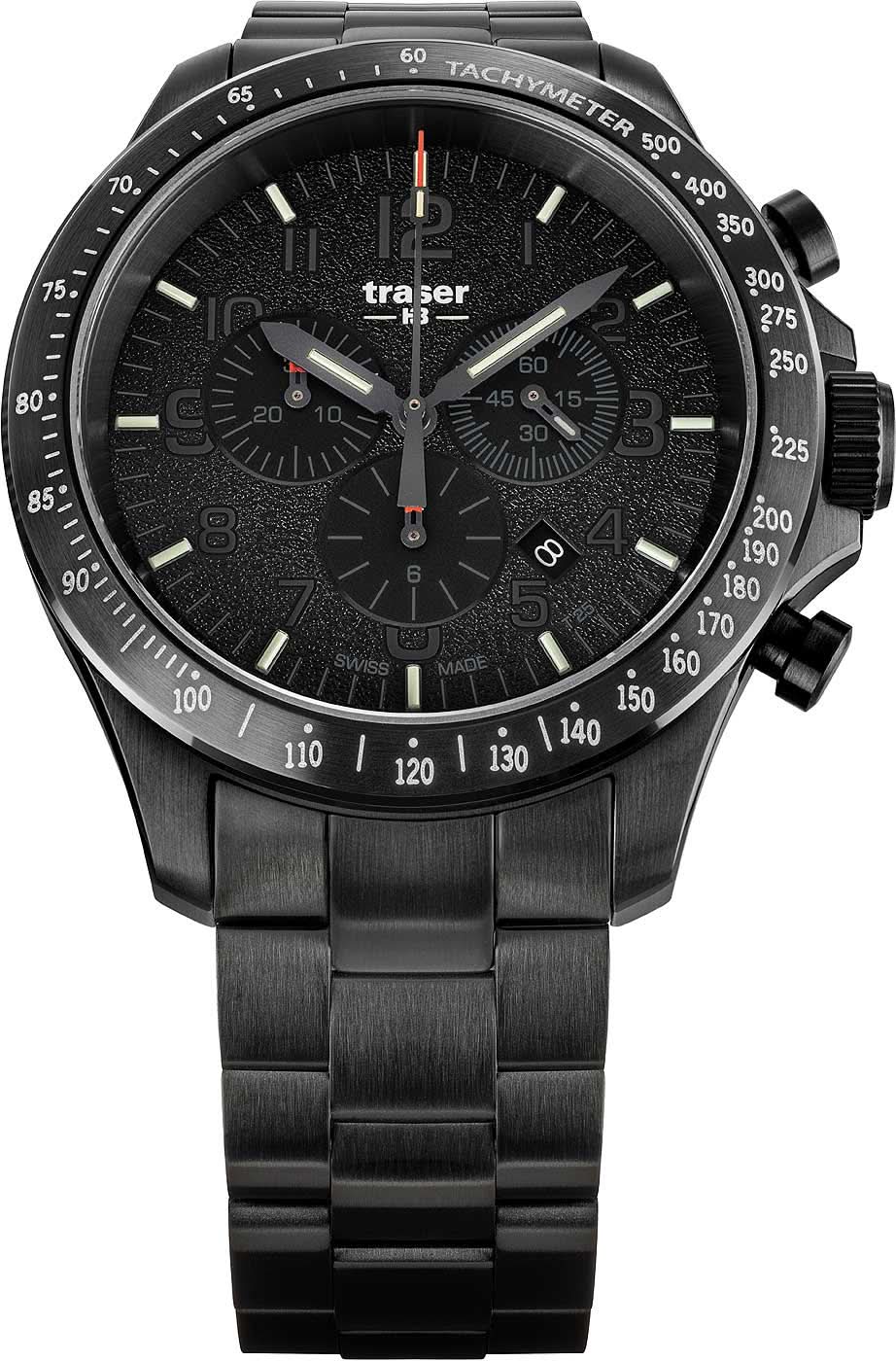 Svart herrklocka med takymeter-bezel, kronograf-subtavlor och metallarmband
