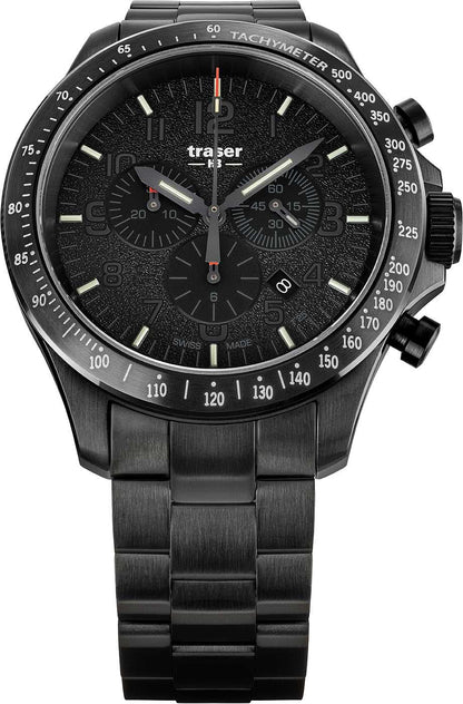 Svart herrklocka med takymeter-bezel, kronograf-subtavlor och metallarmband