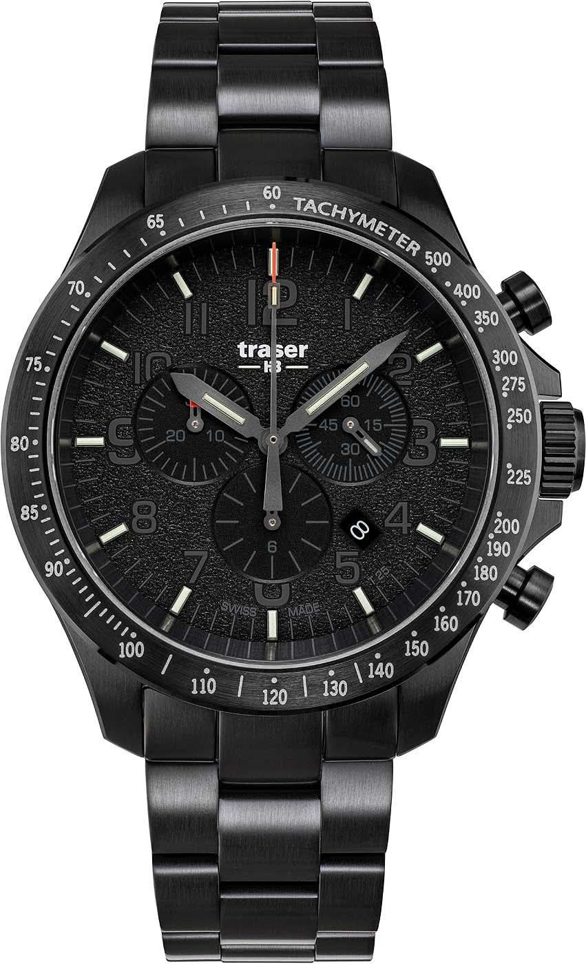 Svart herrklocka med kronografurtavla, takymeter-bezel och metallarmband