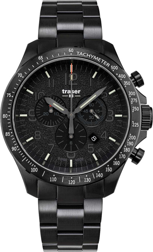 Svart herrklocka med kronografurtavla, takymeter-bezel och metallarmband