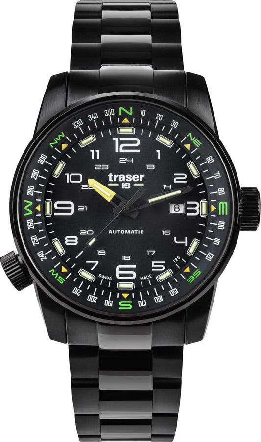 Traser P68 Pathfinder klocka, svart urtavla med gröna Trigalight-markeringar