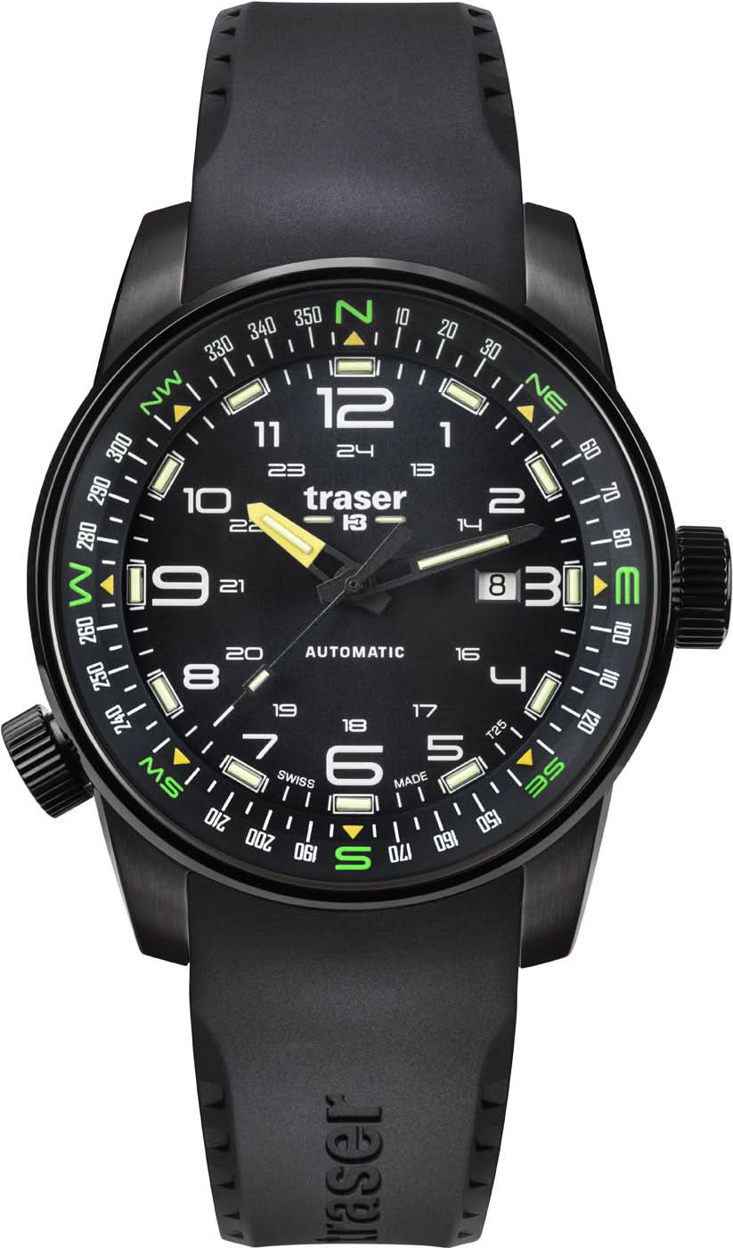 Traser P68 Pathfinder klocka med svart armband, svart urtavla och gröna markeringar