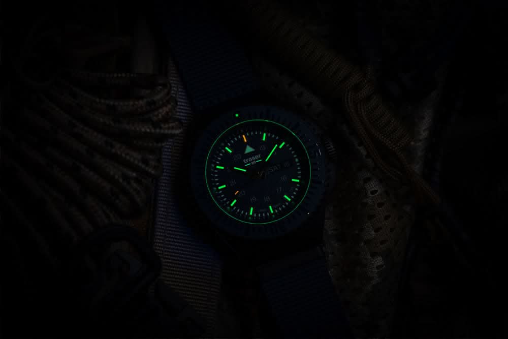 Armbandsur för herrar med grönlysande urtavla och blått textilarmband