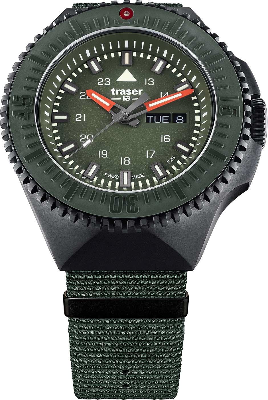 Herrklocka med grågrönt hölje, självlysande timmarkörer och grönt textilarmband.