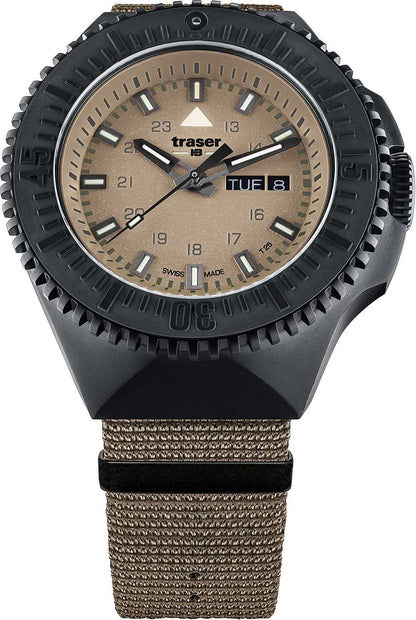 Herrklocka med svart boett, beige textilarmband och beige urtavla.