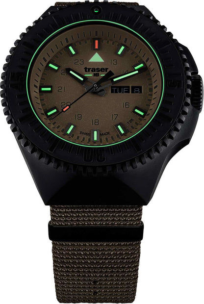 Armbandsur för herrar med mörk urtavla, gröna lysande markeringar och grönt textilarmband.
