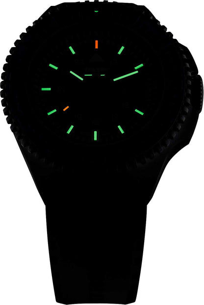 Herrklocka uppifrån, svart boett och armband, gröna självlysande index
