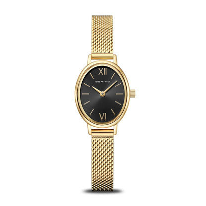Damenuhr mit schwarzem Zifferblatt, goldfarbener Lünette und Milanaise-Armband (Gold)