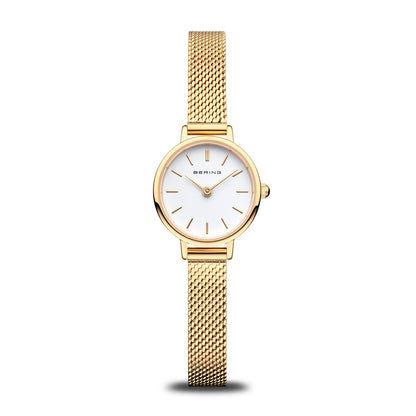 Bering Classic Damenuhr mit goldfarbenem Milanaise-Armband und weißem Zifferblatt