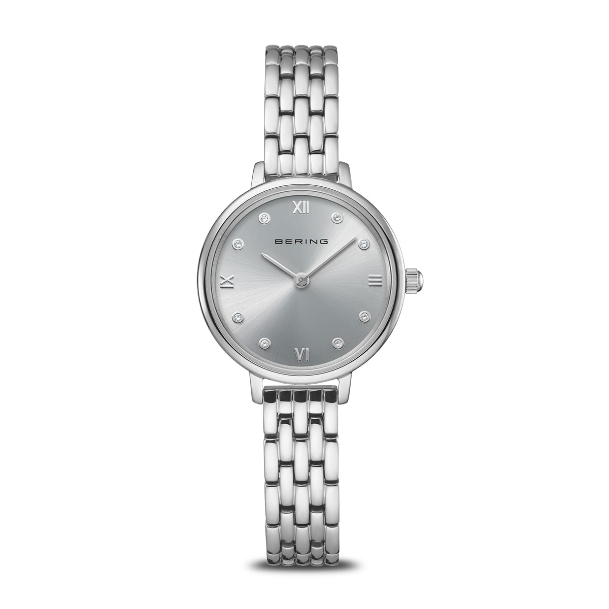 Bering-Damenuhr mit silberfarbenem Metallarmband, rundem Zifferblatt mit römischen Zahlen