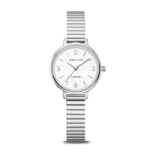 Damenuhr mit silbernem Metallarmband und rundem Zifferblatt, Saphirglas und Datumsanzeige