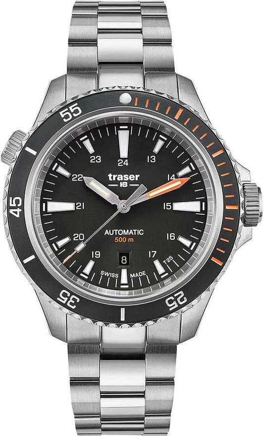 Traser P67 Diver Automatisk herrklocka: svart urtavla, metallarmband, datumfönster