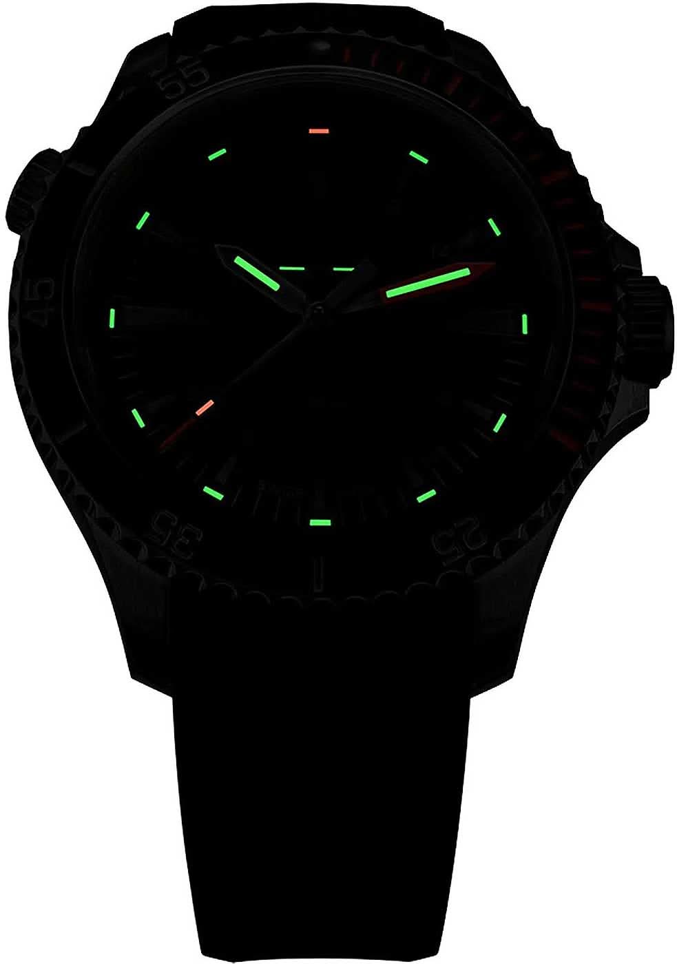 Armbandsur för herrar med svart armband, svart urtavla och gröna lysande visare