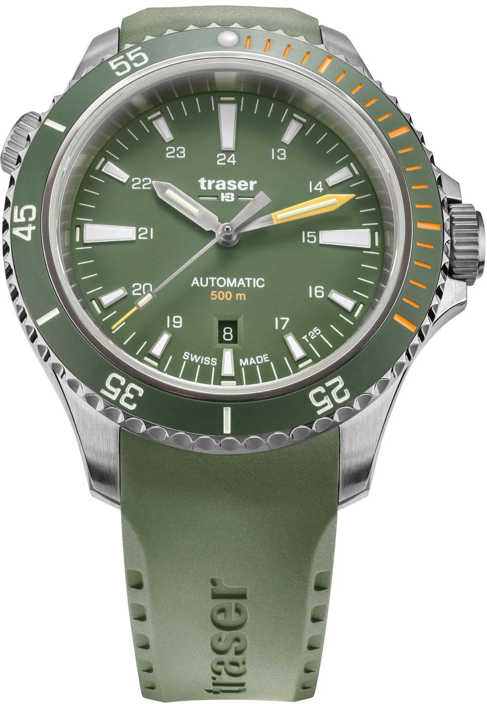 Herrarmbandsur med olivgrönt band och grön urtavla, stållans och datumfönster