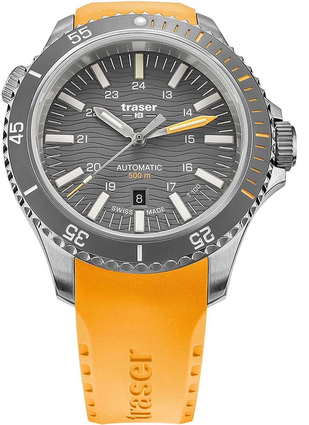 Herrklocka med orange armband, silverfärgat boett och grå urtavla