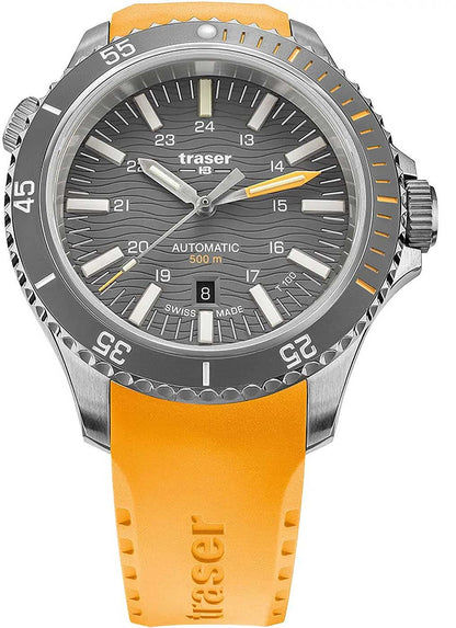 Herrklocka med orange armband, silverfärgat boett och grå urtavla