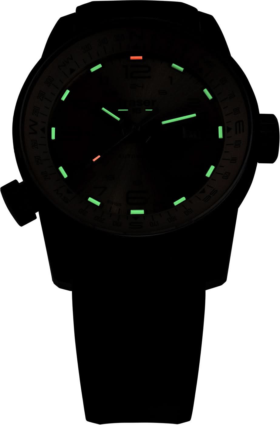 Herrklocka med svart urtavla och gröna luminiscerande markeringar, svart gummiband