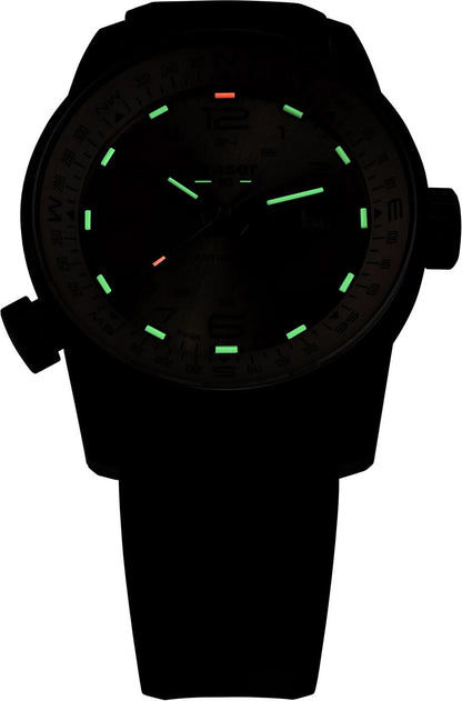 Herrklocka med svart urtavla och gröna luminiscerande markeringar, svart gummiband