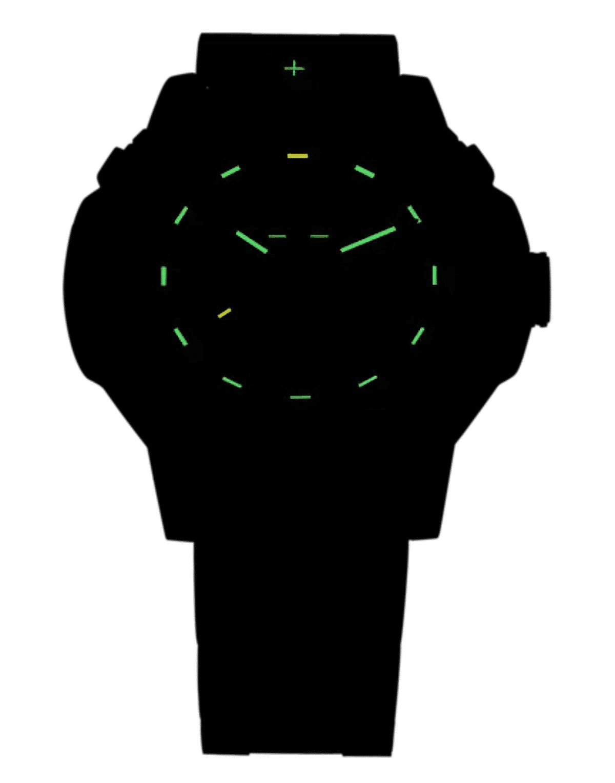 Zifferblatt-Detail einer Herrenuhr mit grün-gelb leuchtenden Stundenmarkern