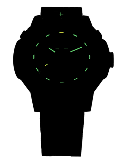 Zifferblatt-Detail einer Herrenuhr mit grün-gelb leuchtenden Stundenmarkern