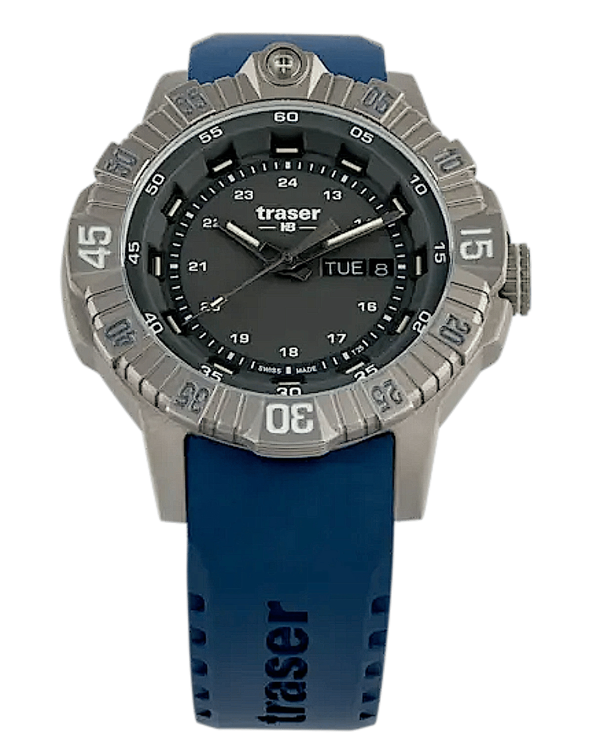 Traser P99 T Tactical herrklocka med blått silikonarmband och svart urtavla