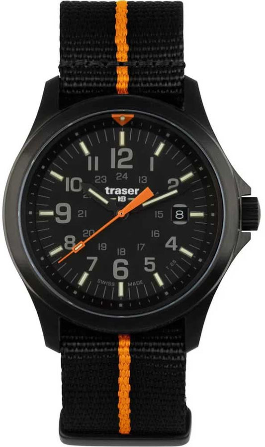 Traser herrklocka: svart urtavla, orange detaljer, svart textilarmband med ränder