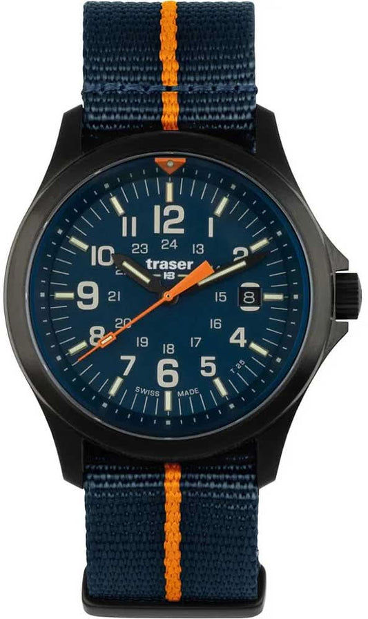 Armbandur med mörkblå urtavla och mörkblått textilarmband med orange ränder