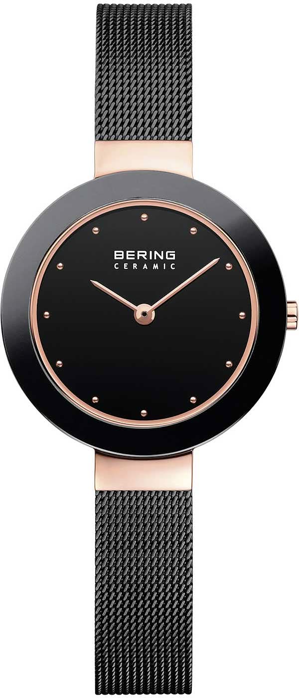 Bering damklocka med svart urtavla, roséguldvisare och Milanese-armband