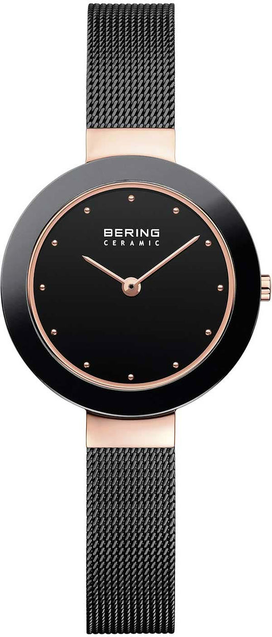 Bering damklocka med svart urtavla, roséguldvisare och Milanese-armband