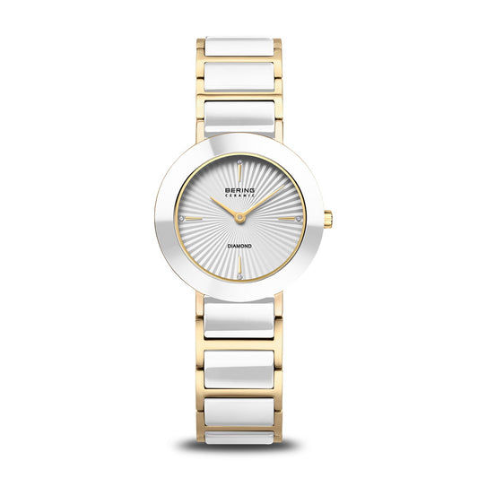 Bicolor Damenarmbanduhr mit weißem Zifferblatt und Metallarmband, rundes Gehäuse