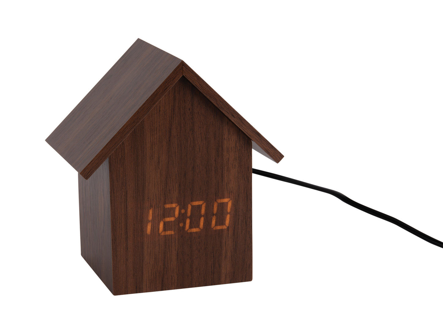 Husformad LED-väckarklocka i mörkt trä med digital LED-display 12:08 och sladd