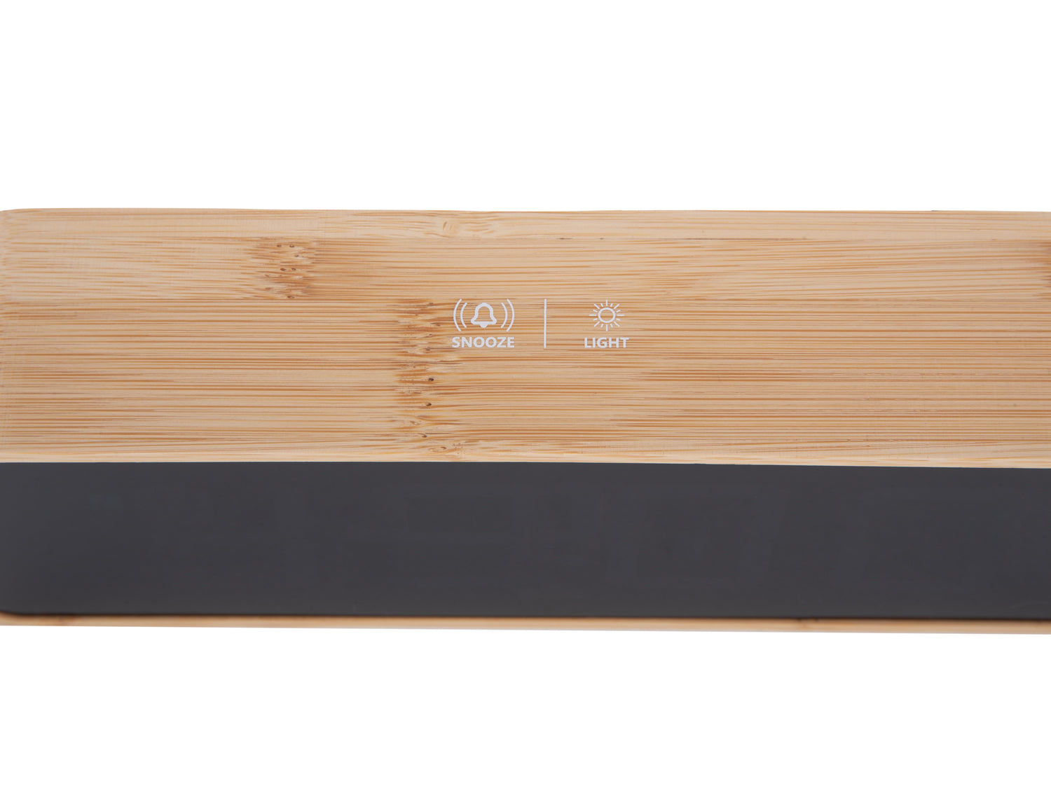 Bambu-LED-väckarklocka, detalj på kontrollknappar och symboler för ljus/snooze