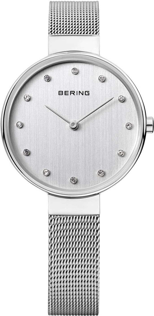 Damklocka med silverfärgat Milanese-armband och rund urtavla, Bering-logotyp