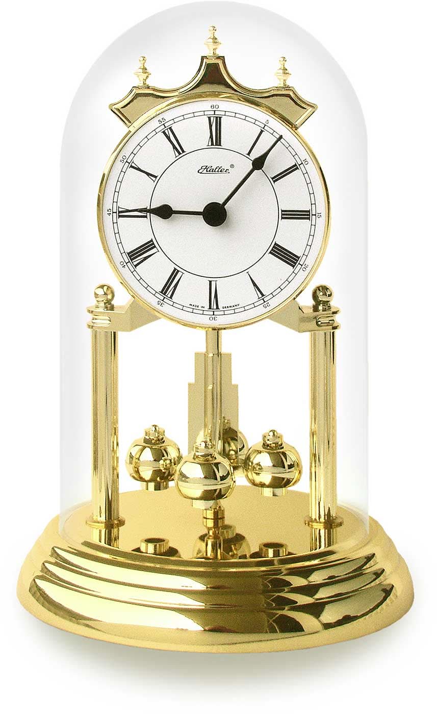 Mässingsbordsklocka med glaskupa, romerska siffror och visare, klassisk design