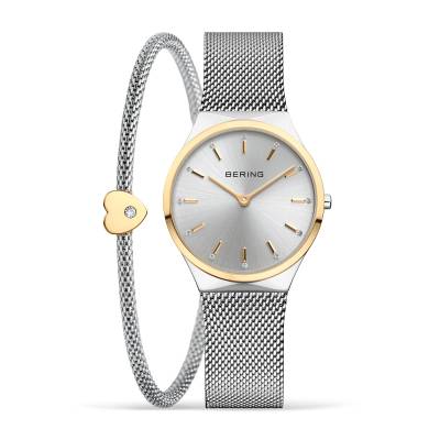 Damenuhr mit grauem Milanese-Armband, rundem blau-grauem Zifferblatt und roségoldener Lünette