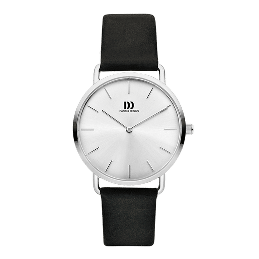 Damenarmbanduhr mit silbernem Gehäuse, schwarzem Lederband und silbernem Zifferblatt