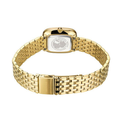 Guldpläterat metallarmband med spänne och rektangulärt fodral.