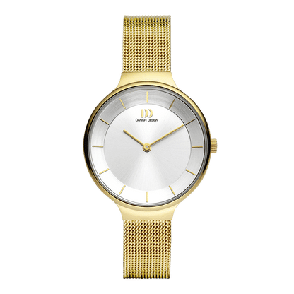 Danish Design Damenuhr mit rundem Zifferblatt, goldfarbenem Milanaiseband und Mineralglas